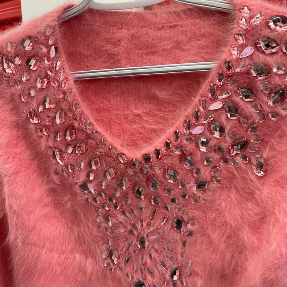 Pink Fuzzy Sweater with Rhinestone Embellishments - Picture 5 of 6